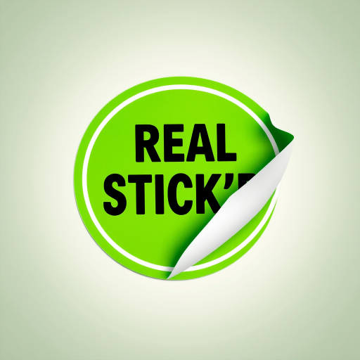 Create a high-resolution image of a circular green sticker with a peeled corner, featuring bold black text that says REAL STICK'R, using a DSLR camera with a 50mm lens, aperture set to f/2.8, ISO 100, taken from a slightly elevated angle to provide depth and clarity.