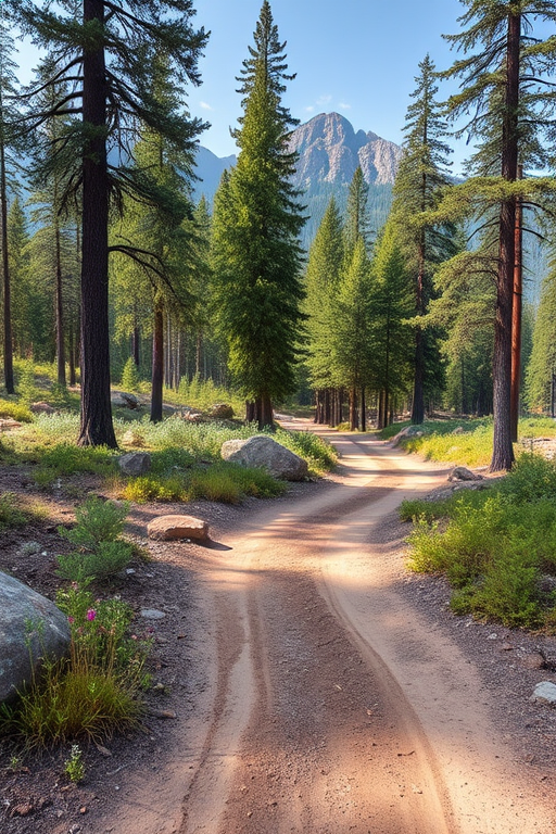 A serene forest landscape with a winding dirt path, tall trees, mountains in the background, and a variety of plants and rocks, captured with a DSLR camera at f/8 aperture, 24mm focal length, ISO 200, in natural daylight to enhance detail and contrast.