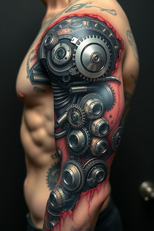 Hyper-realistic 3D biomechanical tattoo titled "Cybernetic Fusion" depicting exposed metallic gears pistons and circuitry seamlessly integrated with human anatomy revealing a complex inner workings of a cyborg beneath torn flesh with incredible attention to detail in shading and highlights creating a stunning illusion of depth and dimensionality on the skin