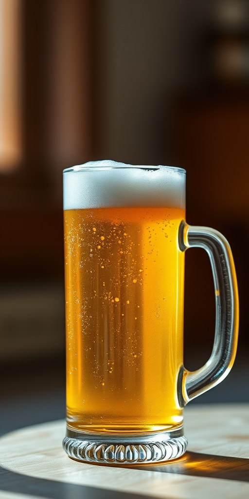 Generate a close-up image of a frothy beer in a clear glass mug, using a DSLR camera with a 50mm lens, f/2.8 aperture, ISO 100, and a shallow depth of field for a soft background blur, illuminated with natural light to enhance colors and texture.