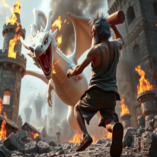 Cartoon 3D High-Resolution,dynamic battle scene using Unreal Engine 5 and Octane Render. The scene features back of an elderly, thai man with a beard,messy hair and round golden-rimmed glasses. He is wearing a tattered tank top with soot marks, shorts, and sandals. sweating. he wields a baseball bat. He jump to fight with a white fire-breathing Europe dragon amidst a partially destroyed stone castle. Include intense flames, smoke, and debris to enhance the dramatic effect.