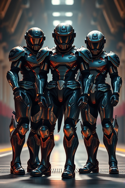Create a high-resolution digital art image of four futuristic characters in detailed armor standing together, with a focus on dynamic poses and vibrant colors, using a Canon EOS R5 with a 50mm f/1.2 lens, aperture set to f/2.8, ISO 100, and a low-angle shot for dramatic effect, ensuring clear textures and highlights.