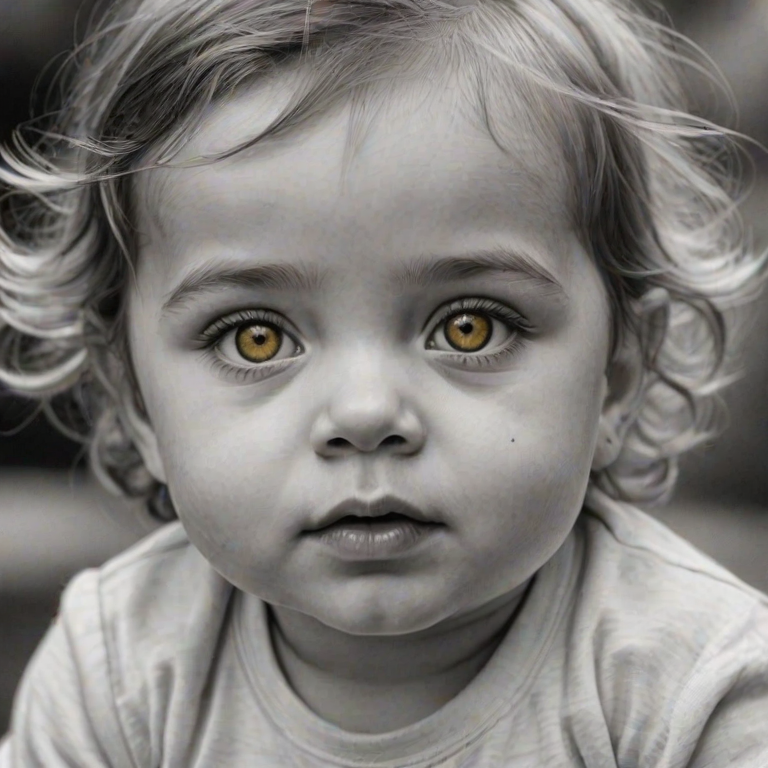 A hyperdetailed photorealistic black and white sketch of a beautiful toddler with deep Yellow eyes, with a macro focus