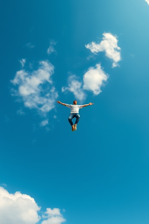 create an image of a person flying in a clear blue sky with soft white clouds, use a wide-angle view, set aperture to f/8, ISO 100, shutter speed 1/500s, and apply a digital art style for enhanced clarity and color vibrancy.