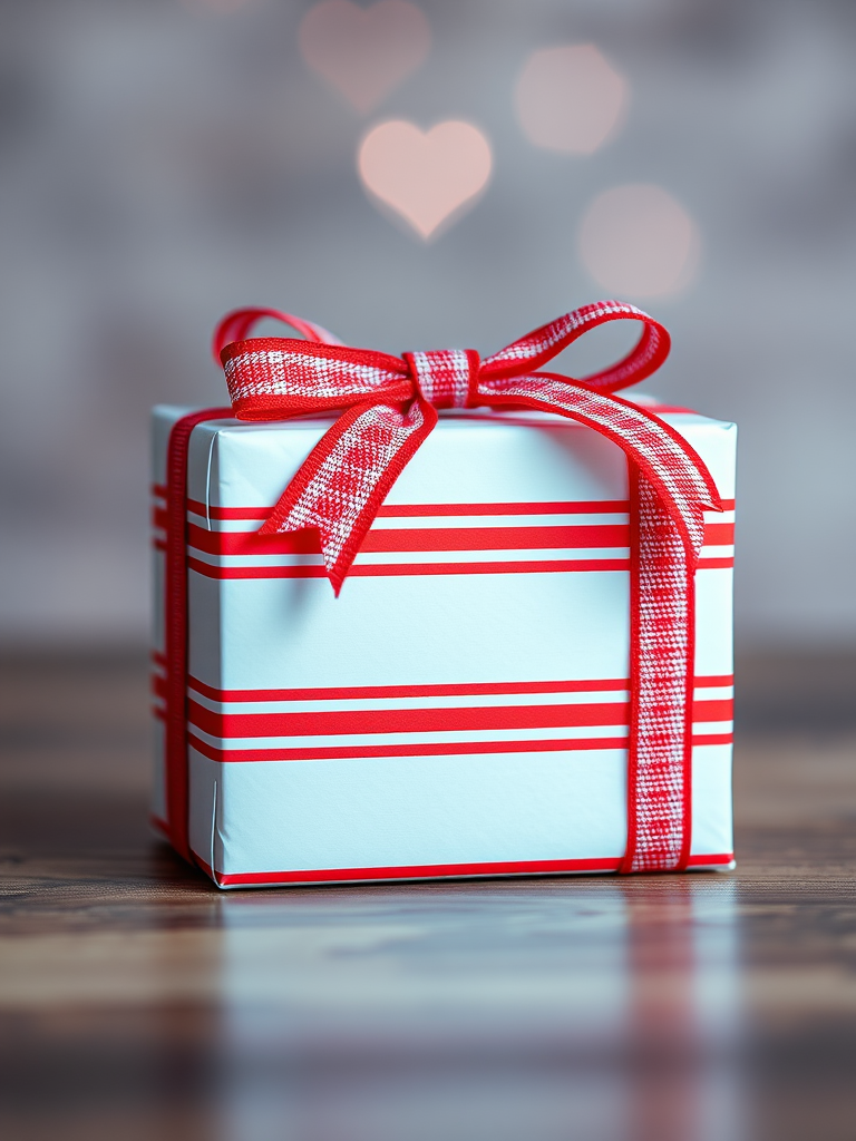 Create a high-resolution image of a gift box with vibrant red and white horizontal stripes and a checkered red ribbon bow, using a DSLR camera, 50mm lens, aperture f/2.8, ISO 100, and a soft focus background to enhance the visual appeal.