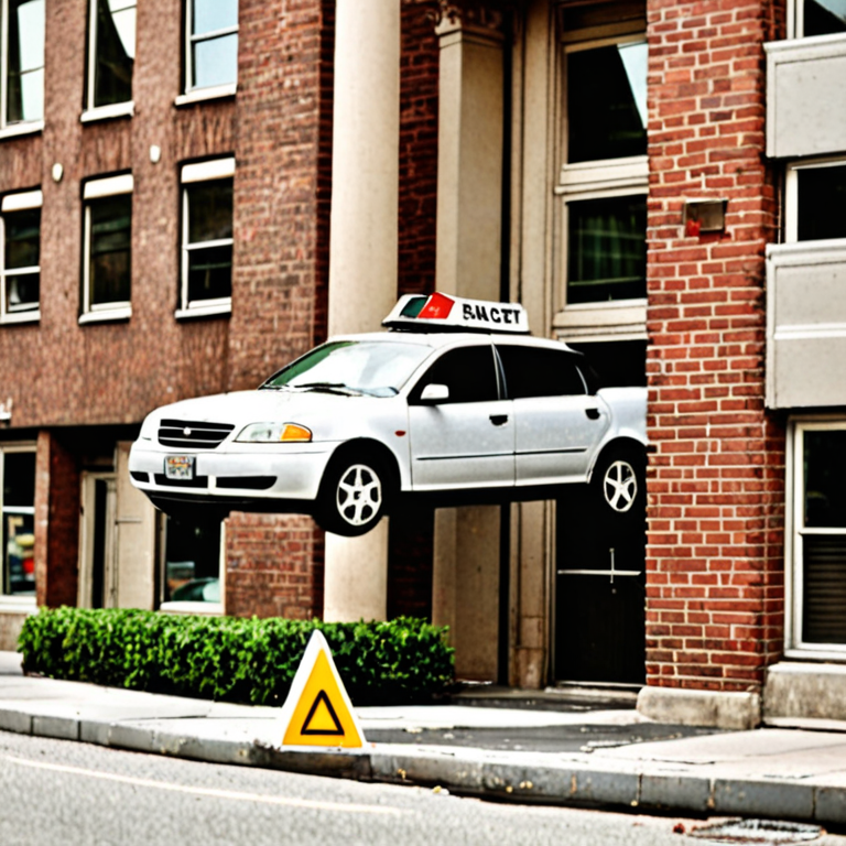 A car is falling down from a tall building and there is a stop sign in ...