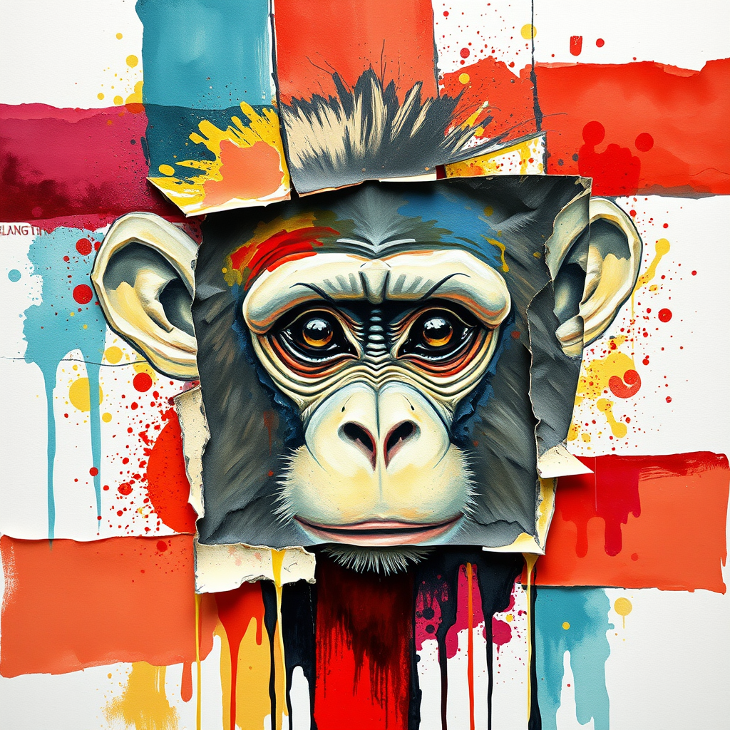 abstract watercolor painting with bold and deep brushstrokes. Thick impasto paint used. Dripping effect. Image breaking up into rectanguls shapes. Paint cracking. just a  smal;l pair of monkey's eyes starting to appear in the middle. The eyes are crying.  Coloured paint splattered around the edges. Geometric lines in background. swirly effect. peeling paint effect. raised rectangles. Dinghy Cream Look edge added in Topaz.