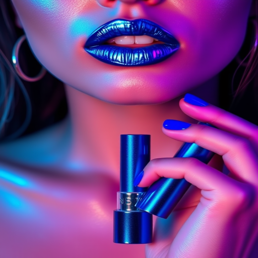 Electric blue metallic liquid lipstick "Neon Nights" with an intense foil-like finish and ultra-long wear, designed for bold statement looks and nightclub scenes, transfer-resistant formula