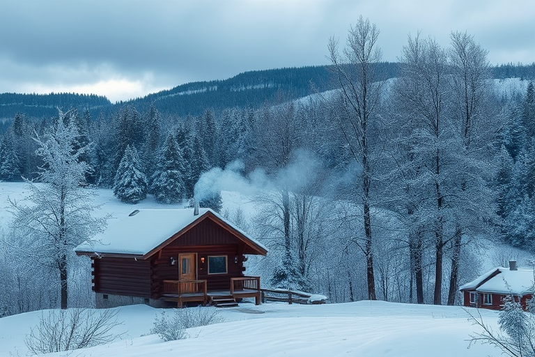 A peaceful winter landscape with a cozy cabin emitting smoke, surrounded by snow-covered trees and gentle hills in the background, captured with a DSLR camera at f/8, ISO 200, 50mm lens in soft focus style for enhanced clarity and depth.