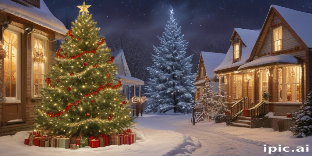 A Cozy Winter Night Scene with Festive Christmas Trees and Snowy Homes.