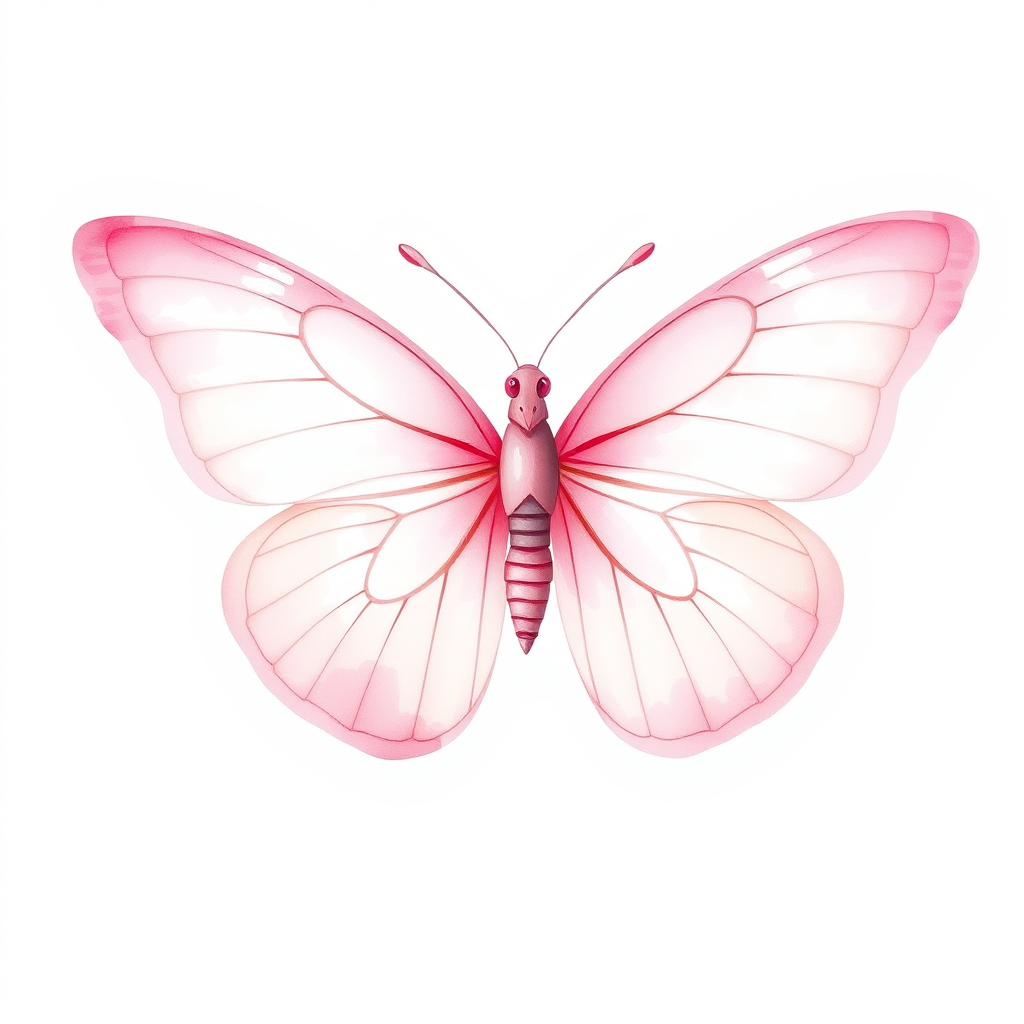 Create a watercolor illustration of a delicate pink butterfly with soft gradient wings, showcasing shades of light pink and cream. The butterfly should be depicted from a side view, highlighting its intricate wing patterns and gentle curves. The background should be minimal to emphasize the beauty of the butterfly.