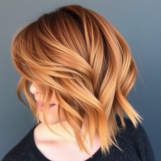 Copper penny bob with honey-gold balayage, styled in beachy waves, known as "Autumn Sunrise" hair, featuring a side-swept fringe and tousled texture