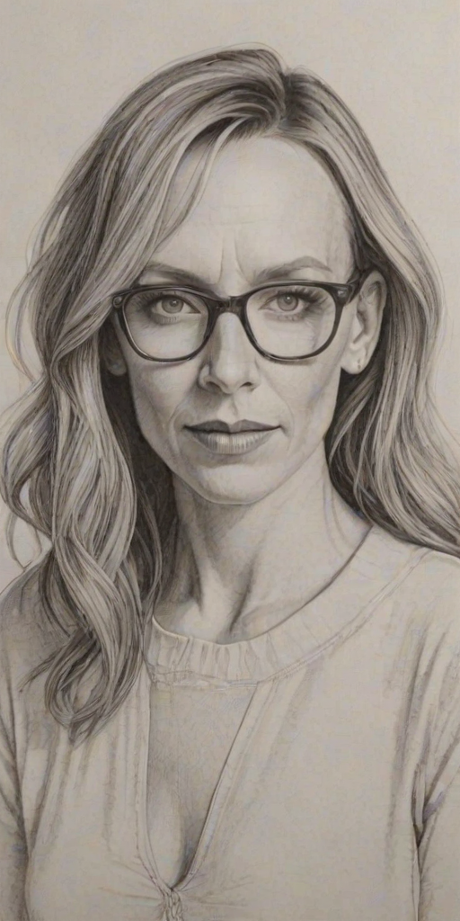 Delightful Toni Collette, pencil sketch, portrait of Delightful woman 1926s in glasses, hair style beatnik, outline, clear lines, fine lines, 8k