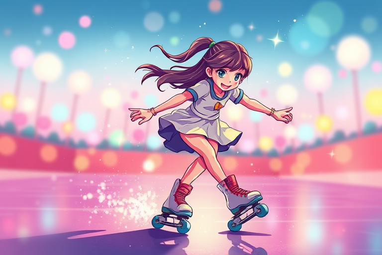 Create a vibrant illustration of a girl roller skating, featuring dynamic motion with colorful sparkles around her, using a digital art style with soft shading, shot in a wide-angle view, at a resolution of 300 DPI, with an eye-level perspective.