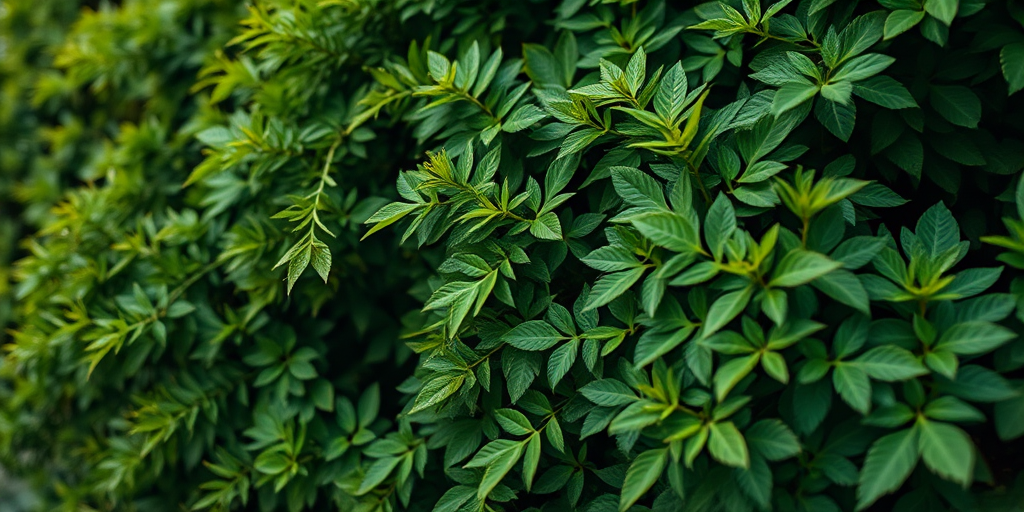Create a highly detailed illustration of a lush, green bush with intricate foliage, using a DSLR camera with a 50mm lens, aperture set to f/2.8, ISO 100, and a shallow depth of field to enhance the texture and vibrancy of the leaves, capturing it from a low angle for a more dynamic view.