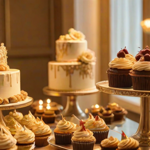 Warmly lit photo of a luxurious dessert table at a wedding reception, showcasing an array of beautifully decorated cakes, cupcakes, and pastries, soft golden light enhancing the festive atmosphere.