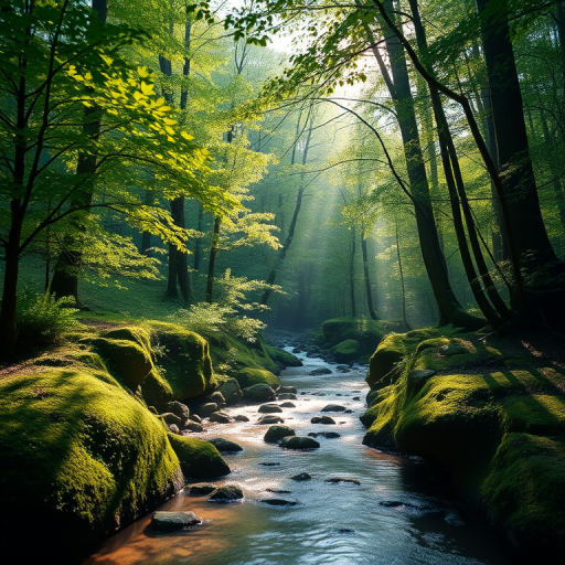 Create a high-resolution artistic rendering of a tranquil forest scene featuring lush greenery, soft sunlight filtering through the leaves, and a gentle stream flowing through the landscape, captured with a Canon EOS R5, 50mm lens, f/2.8 aperture, ISO 100, at a shallow depth of field for enhanced bokeh.