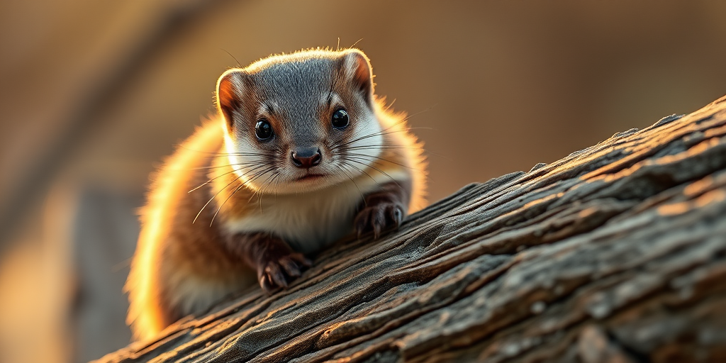 Capture a sharp close-up of a weasel perched on a textured log, using a DSLR camera with a 50mm lens, aperture set to f/2.8 for a shallow depth of field, ISO 400, natural light during golden hour to enhance colors and details.