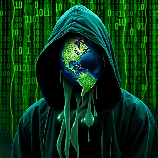 Generate an image of a hooded figure with a melting globe for a face, surrounded by cascading green binary code, using a Canon EOS R5 with a 50mm lens, f/1.8 aperture, ISO 100, and 1/200 second shutter speed, in a surreal style, high resolution, with vivid colors and sharp details.