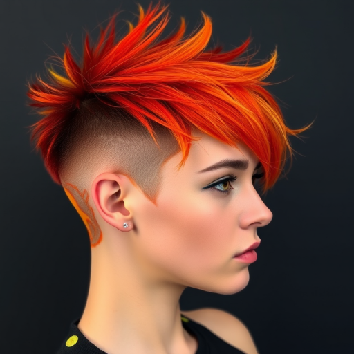 Rebellious portrait captures Molten Lava undercut, fiery red-orange short hair on top with shaved sides featuring flame-inspired designs and vibrant yellow tips