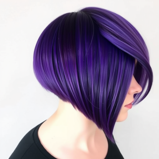 Intense violet undercut bob known as "Amethyst Aura" with shaved geometric patterns on one side and sleek, angled cut on the other