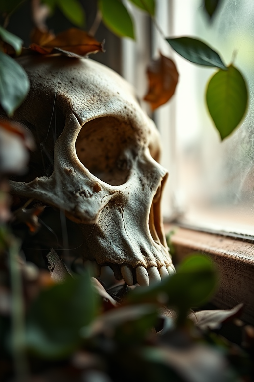 Capture a close-up view of a weathered skull partially obscured by leaves and cobwebs, soft natural light filtering in from a window, aperture f/2.8 for shallow depth of field, ISO 200 for clarity, shot with a DSLR camera using a 50mm lens in macro mode.
