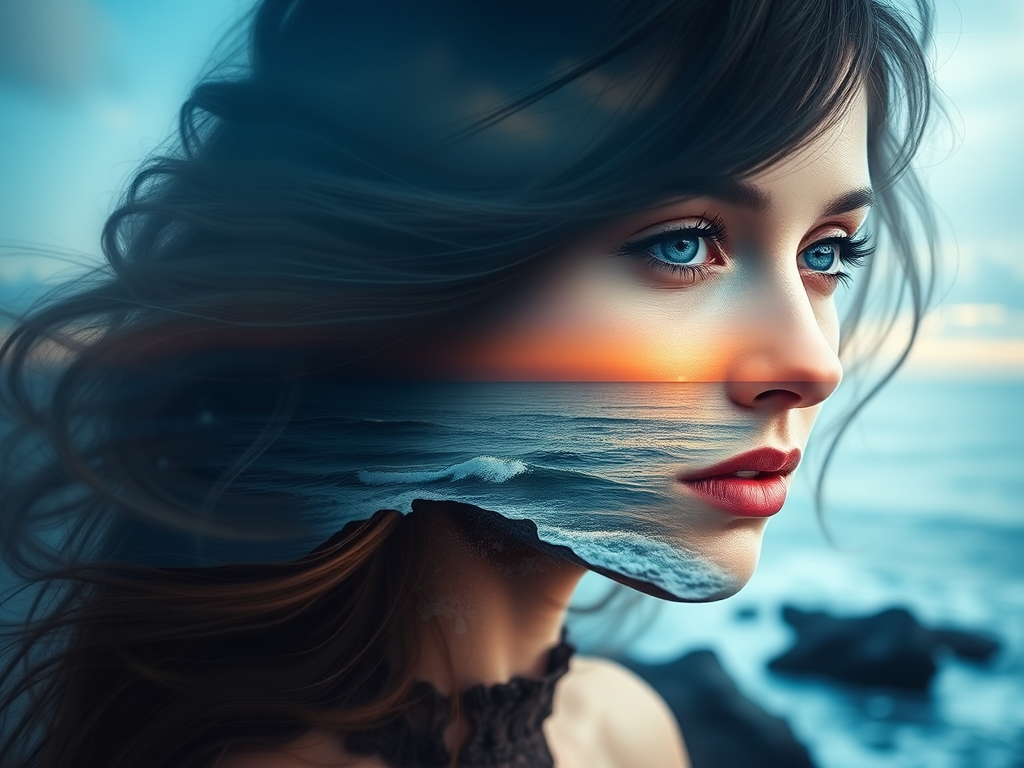 create Book cover, A surreal double exposure portrait that blends a woman's face with a beautiful seascape. The overall mood is dreamy and mystical, with rich colors and intricate details