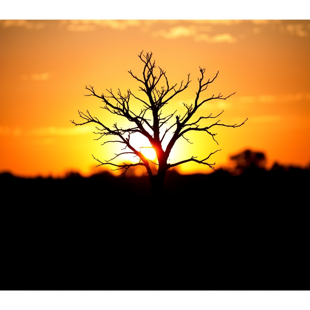 Generate an image of a stylized tree silhouette against a sunset background, using a DSLR camera with a 50mm lens, aperture f/2.8, ISO 100, in a wide-angle view, utilizing natural lighting for enhanced vividness.