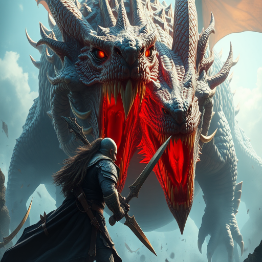 Create a high-resolution fantasy artwork featuring a warrior facing a massive, fierce dragon with sharp teeth and vibrant scales, using dramatic lighting and dynamic angles, captured with a DSLR camera at ISO 100, f/2.8, 1/200s, wide angle lens, in a painterly style.