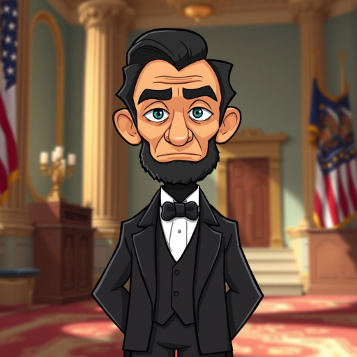 generate a cartoon-style image of Abraham Lincoln standing confidently in a tuxedo with a stern expression, use a 50mm lens, f/2.8 aperture, ISO 100, shot from eye level in a well-lit environment to enhance details and colors