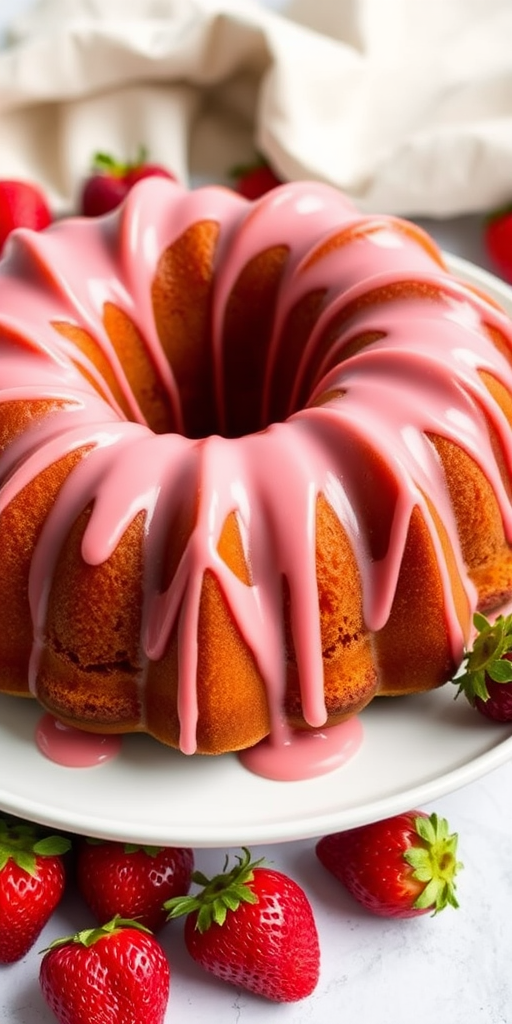 A beautifully baked bundt cake with a glossy pink icing drizzle placed on a white plate surrounded by fresh strawberries and a soft cloth in the background.