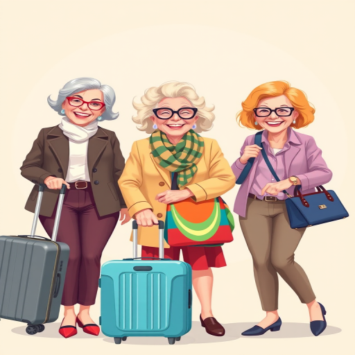 Create a vibrant illustration of three fashionable older women smiling, one with a suitcase, one with a colorful bag, and one with a stylish purse, set against a simple, light-colored background; use a digital art style, with a soft focus effect, and ensure the colors are bright and cheerful.