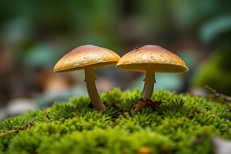 Photograph a pair of mushrooms growing on moss in a forest setting, shot with a DSLR camera, 50mm lens, aperture f/2.8, ISO 100, shutter speed 1/125s, using a shallow depth of field to create a soft background while maintaining sharp focus on the mushrooms.