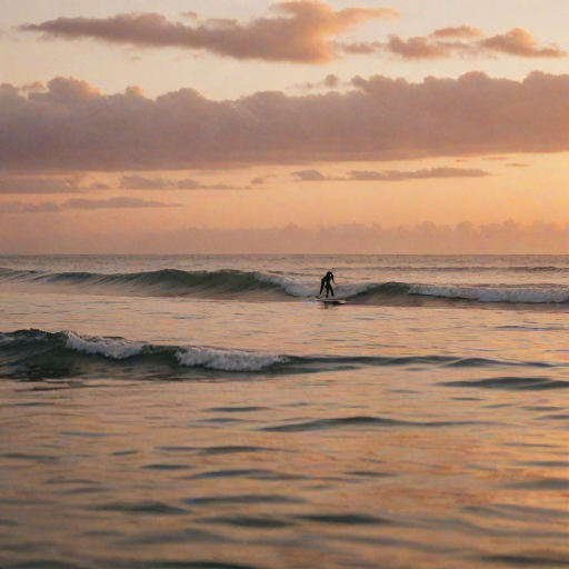 Blurry action shot of a surfer paddling out towards an oncoming wave at sunset, soft golden light illuminating the water's surface, with distant clouds painted in orange and pink hues.