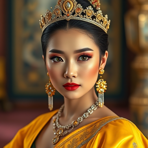 A gorgeous Tibetan woman in a luxurious Yellow gown, accessorized with a dazzling tiara and statement earrings, her deep green eyes highlighted by impeccable makeup, poised in a royal setting, photorealistic, 8K quality