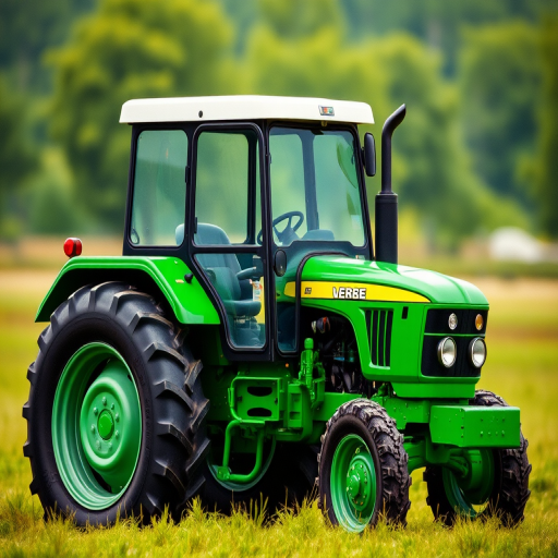 create a high-quality vector illustration of a green tractor with a white roof, focusing on a side view, using a soft-focus effect, with a simulated film grain texture, shot with a DSLR camera at f/8, ISO 100, and a shutter speed of 1/250 sec, emphasizing vibrant colors and clean lines