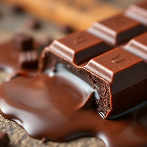 regenerate an image of a chocolate bar melting with rich, textured chocolate spilling out, taken with a Canon EOS R5 camera, 50mm f/1.8 lens, aperture set to f/2.8, ISO 100, 1/125 sec exposure, shallow depth of field for soft background blur, natural lighting for enhanced color and detail.