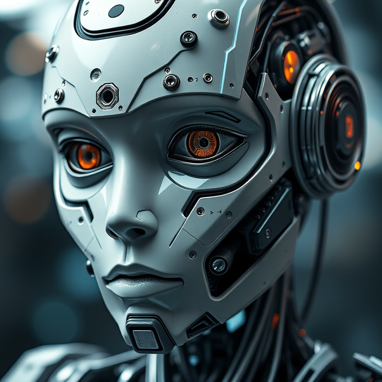Create an ultra-realistic portrait of a humanoid robot with intricate circuits and metallic elements integrated into its face, focusing on its expressive eyes and a futuristic background with a bokeh effect, using a Canon EOS R5 camera with a 50mm f/1.2 lens at ISO 100, aperture f/1.2, and shutter speed 1/200s.