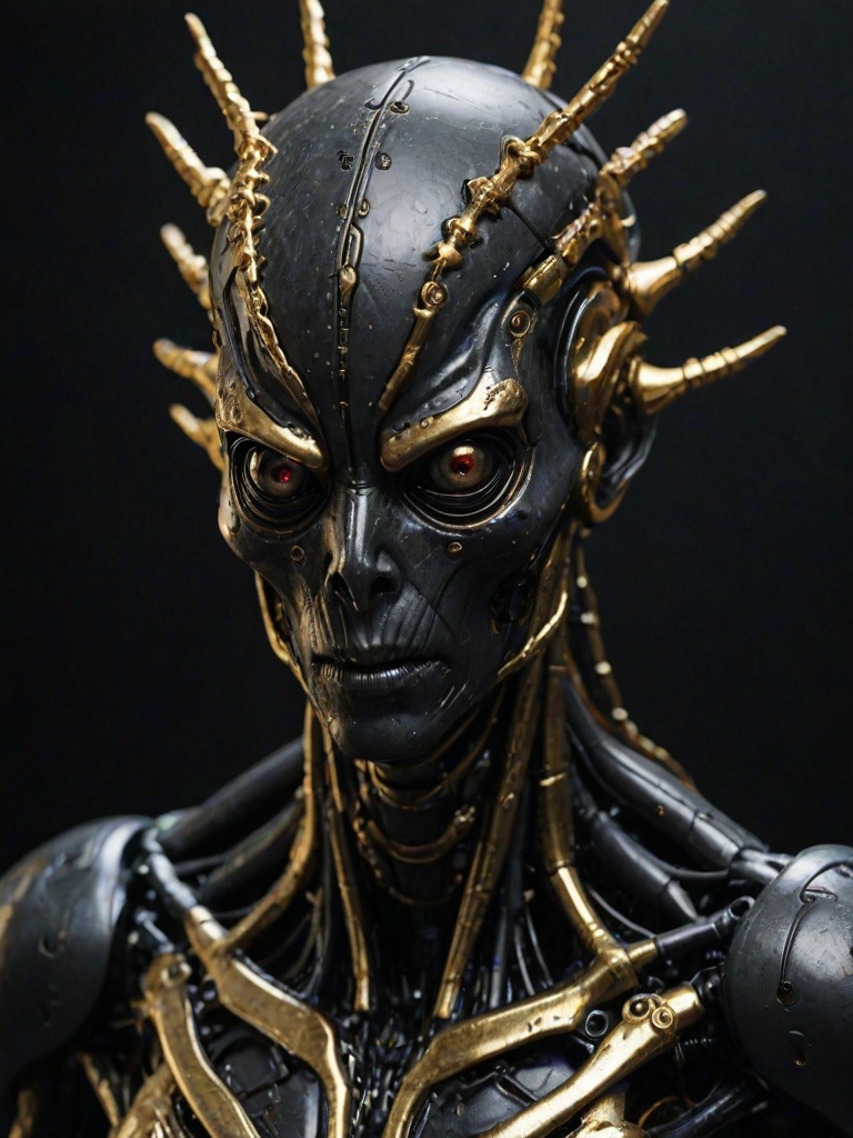 robotic body,made out of black mate steel ,golden cracks , black eyes,f ocused lighting, crown  on head, dark background, close up, portret ,alien  looking creature, tentacles coming out of head
