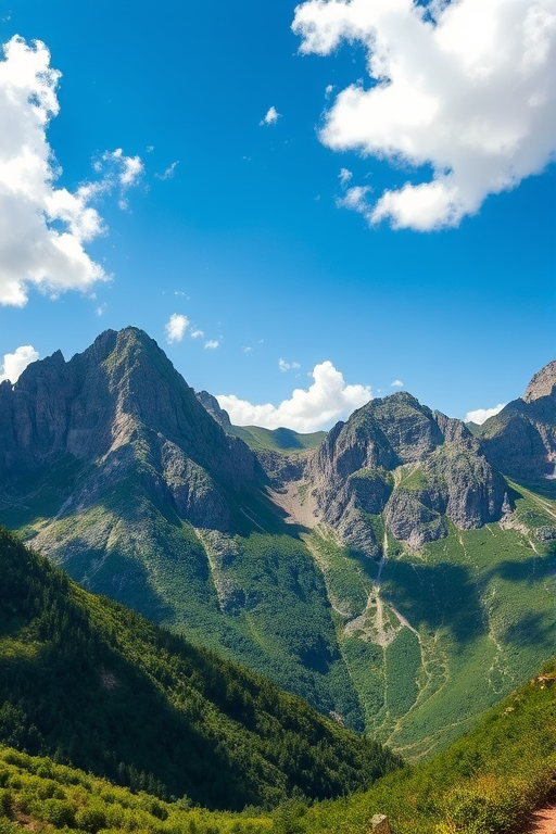 Generate a stunning landscape image of a mountainous region under a clear blue sky with fluffy clouds, capturing the details of rocky peaks and lush greenery, using a DSLR camera with settings: ISO 100, aperture f/8, shutter speed 1/500s, focal length 24mm, shot from a wide-angle perspective.