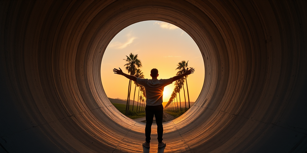 Create an image of a person standing with arms outstretched at the end of a large concrete pipe, with a sunset and palm trees visible through the opening, shot with a Canon EOS R5 at f/4, ISO 100, 24mm focal length, natural light, using a wide-angle lens to enhance the depth and perspective.