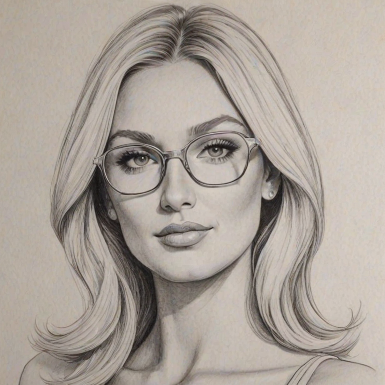 Radiant Brooke Hogan, pencil sketch, portrait of Graceful woman 1968s in glasses, hair style beatnik, outline, clear lines, fine lines, 8k