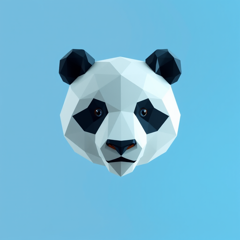 Create a high-resolution digital illustration of a polygonal panda head against a soft gradient blue background, using a DSLR camera with a 50mm lens, aperture f/2.8, ISO 100, and a slight tilt-shift effect for enhanced depth and clarity.