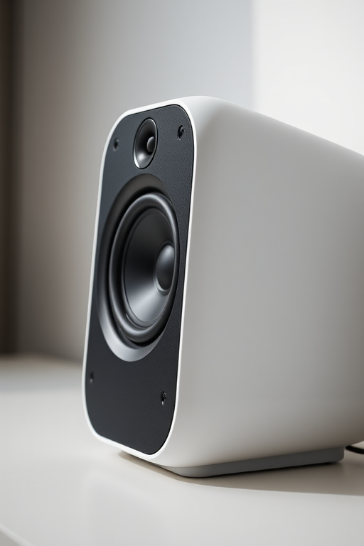 A high-resolution image of a modern speaker with a sleek design, shot in soft, diffused lighting using a DSLR camera set to f/2.8 aperture, ISO 100, 50mm lens, in a studio setting with a shallow depth of field.