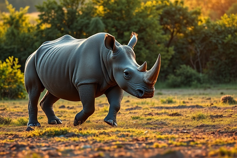 Capture a detailed image of a rhinoceros walking in a lush, green environment during golden hour using a Canon EOS R5 with a 24-70mm f/2.8 lens at f/4, ISO 100, shutter speed 1/200 sec, with a shallow depth of field for a soft background.