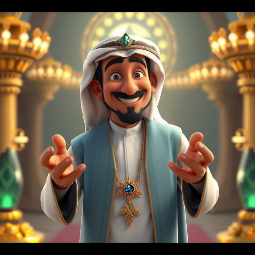 Create a 3D rendering of a wealthy Arab male sheikh from Dubai, inspired by the Disney animation style. The sheikh must have a smile and a playful but wise character. Place your character in an atmosphere of wealth and luxury. The image must be in high resolution format. Dynamic pose above the waist, gesturing with hands (Pixar Art style)++ highly detailed digital painting, art stations, concept art, soft focus, hard focus, illustrations. cinematic, visual effects, HDR, Unreal Engine 5, ray tracing, soft light, 8k, high detail, sparkling backlighting, luxury gem, game art, 3d, cartoon, colorful, magical, mysterious