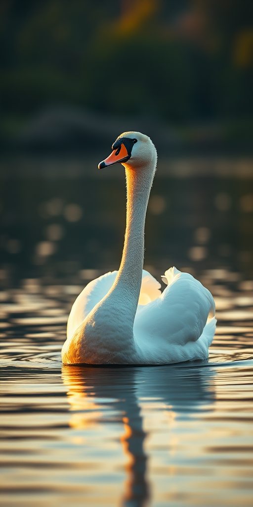 A graceful white swan gliding on a shimmering lake at golden hour, capturing its elegant neck and reflection in the water, shot with a Canon EOS 5D Mark IV, 50mm f/1.8 lens, aperture f/4, shutter speed 1/250 sec, ISO 100, in a soft focus style for enhanced clarity and depth.