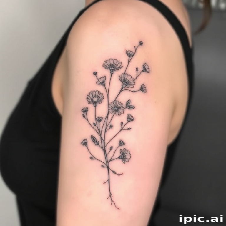 Delicate fine line tattoo titled "Whisper of Nature" depicting a detailed botanical illustration of wildflowers and vines with ultra-thin strokes and minimal shading creating a subtle and elegant design