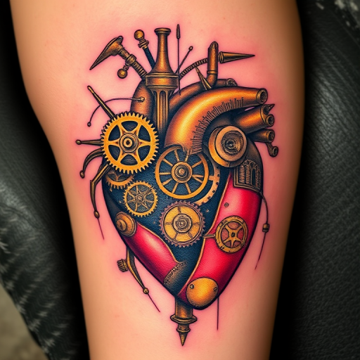 Steampunk tattoo titled "Clockwork Heart" showcasing an intricate mechanical heart with gears, cogs, and brass components, blending Victorian-era aesthetics with futuristic elements in a unique and imaginative design