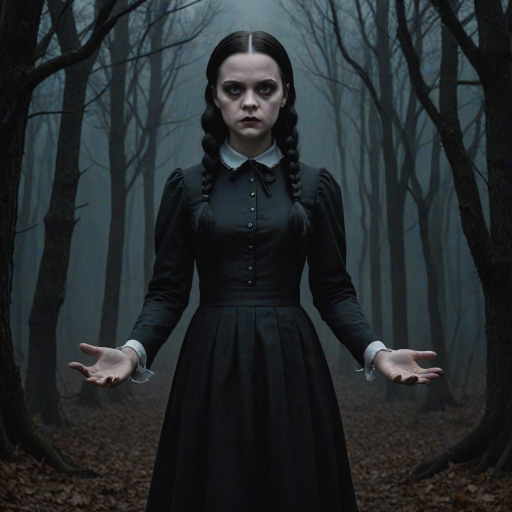 Digital art, full height portrait of Wednesday Addams, standing up with her hands in the air as if in a hold-up. Her dark, gothic attire replaces Alice’s classic blue dress, and she wears black shoes instead of blue. A small, neat black bow adorns her hair, capturing her signature style. The overall composition maintains a whimsical yet eerie tone, similar to Alice in Wonderland, while showcasing Wednesday’s iconic gothic charm.